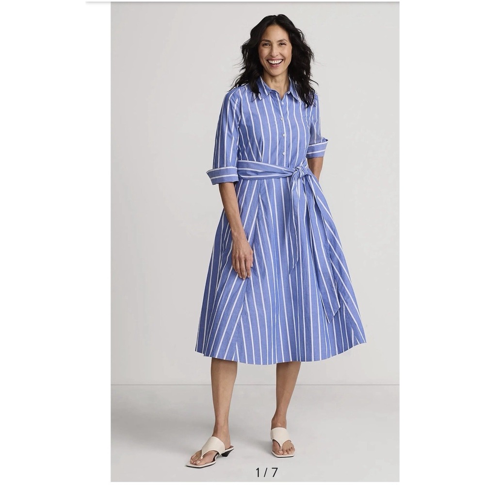 NWOT LANDS END BLUE WHITE STRIPED COTTON DRESS BUTTONS WRAP BELT POCKETS Size 18